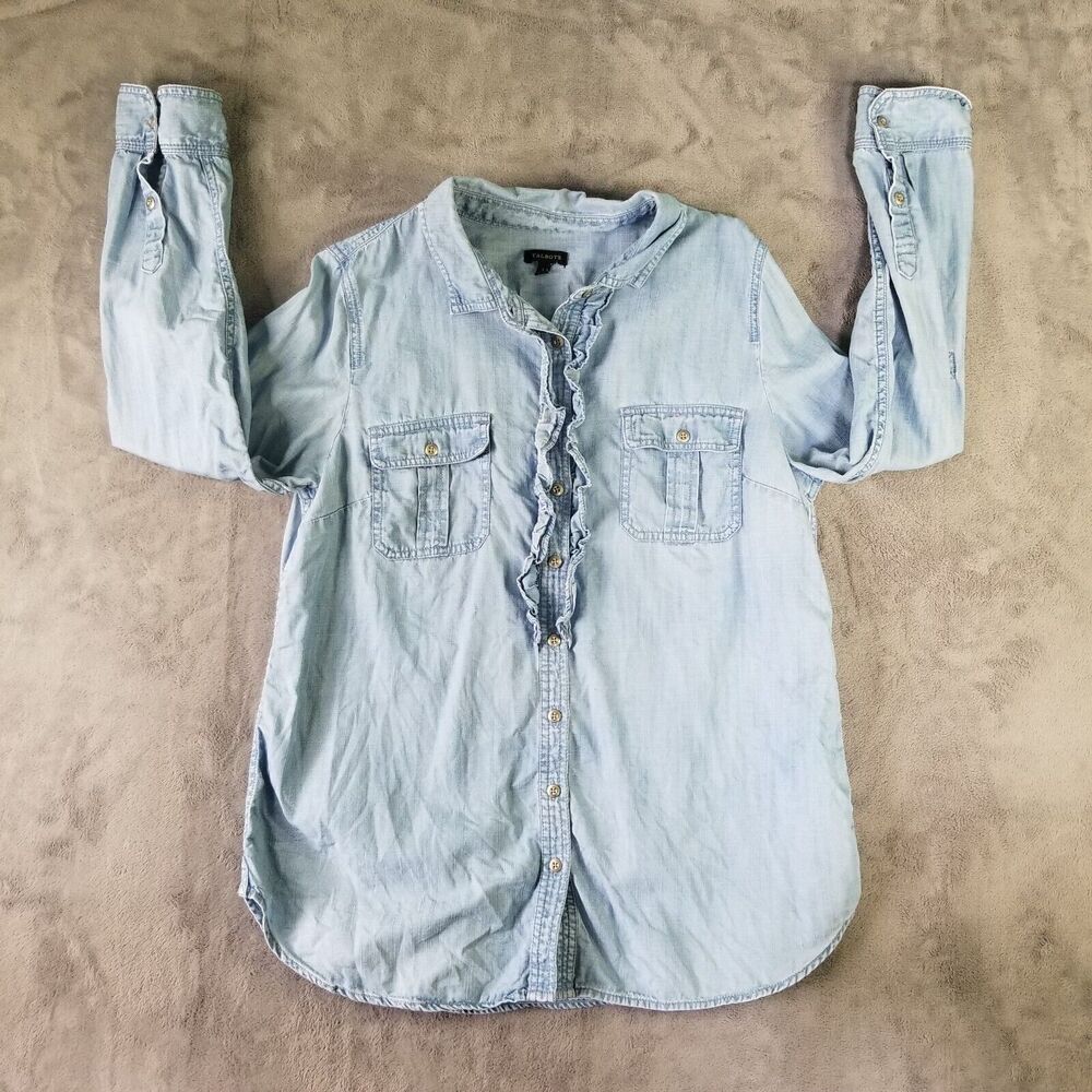 Talbots Chambray Denim Shirt Womens L Button Long Sleeve Ruffle Lyocell